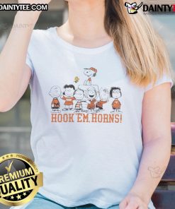 Nice Texas Longhorns Snoopy and Friends Hook 'Em Horns ladies tee featuring fun graphics and vibrant colors.