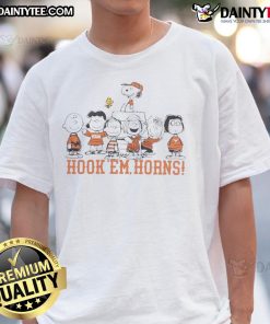 Alt Text: Texas Longhorns Snoopy and Friends Hook 'Em Horns T-Shirt featuring vibrant graphics and team spirit design.
