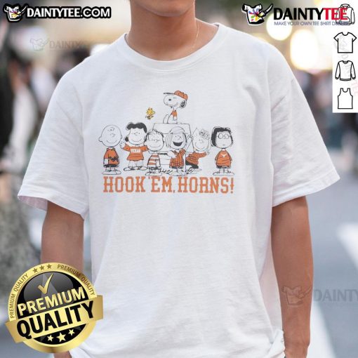 Alt Text: Texas Longhorns Snoopy and Friends Hook 'Em Horns T-Shirt featuring vibrant graphics and team spirit design.