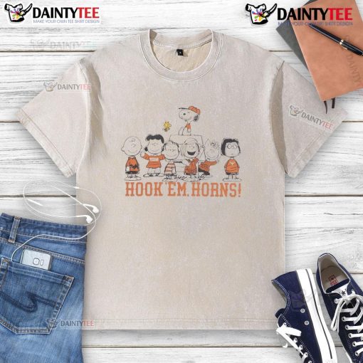 Alt Text: Nice Texas Longhorns Snoopy and Friends Hook 'Em Horns washed t-shirt showcasing a playful design for fans.