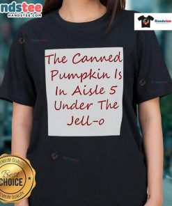 Alt Text: Canned pumpkin in aisle 5, located under Jell-O, featured on a tee shirt design titled Nice - The Canned Pumpkin.
