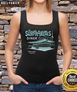 Alt Text: Woman wearing Nice The Surfrajettes diner Easy As Pie tank top in Toronto, ON, showcasing a vibrant retro style.