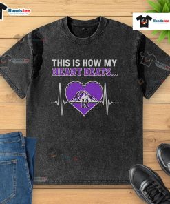 Colorado Rockies washed t-shirt featuring a stylish heart beat design, perfect for baseball fans and casual wear.