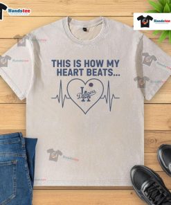 Alt Text: Los Angeles Dodgers washed t-shirt featuring 'This Is How My Heart Beats' design, perfect for fans and casual wear.