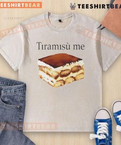 Delicious tiramisu served on a plate, with me wearing a washed t-shirt, enjoying this classic Italian dessert.