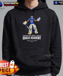 Nice Tre White Goalie Academy hoodie featuring '0 Goals Allowed 0 Games Played' design, perfect for aspiring goalies.
