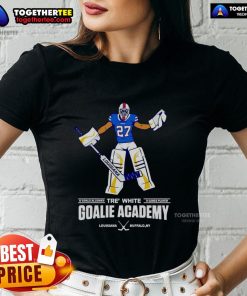 White goalie tee from Nice Tre Academy featuring '0 Goals Allowed, 0 Games Played' for ladies, perfect for sports enthusiasts.