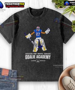 Nice Tre White goalie academy t-shirt featuring '0 Goals Allowed, 0 Games Played' slogan for aspiring goalies.