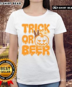 Women's Halloween tee featuring 'Nice Trick or Beer' design, perfect for festive celebrations and spooky season apparel.