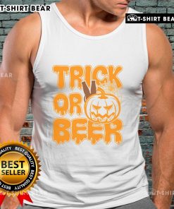 Funny Halloween tank top featuring 'Nice Trick or Beer' design, perfect for festive celebrations and costume parties.
