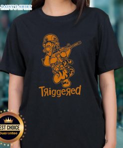 Funny Nice Triggered Tiger Soldier parody cartoon on a ladies tee, perfect for casual wear and animal lovers.