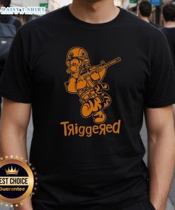 Funny triggered tiger soldier parody cartoon on a vibrant t-shirt, perfect for unique and humorous fashion lovers.