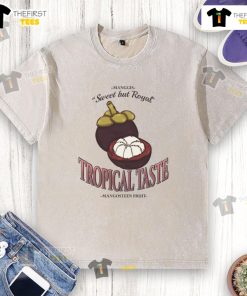 Vintage washed t-shirt featuring a tropical mangosteen graphic for a stylish and fruity summer vibe.