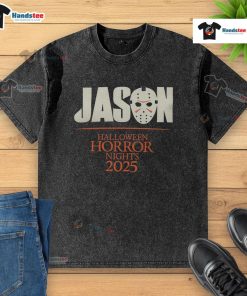 Nice Universal Studios Halloween Horror Nights 2025 Jason Washed T-Shirt featuring a spooky design for horror fans.