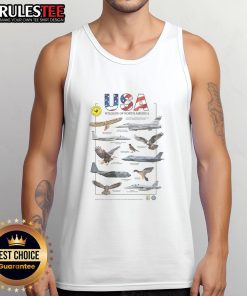 Stylish tank top featuring wildlife of North America, showcasing birds of prey and USA planes design.