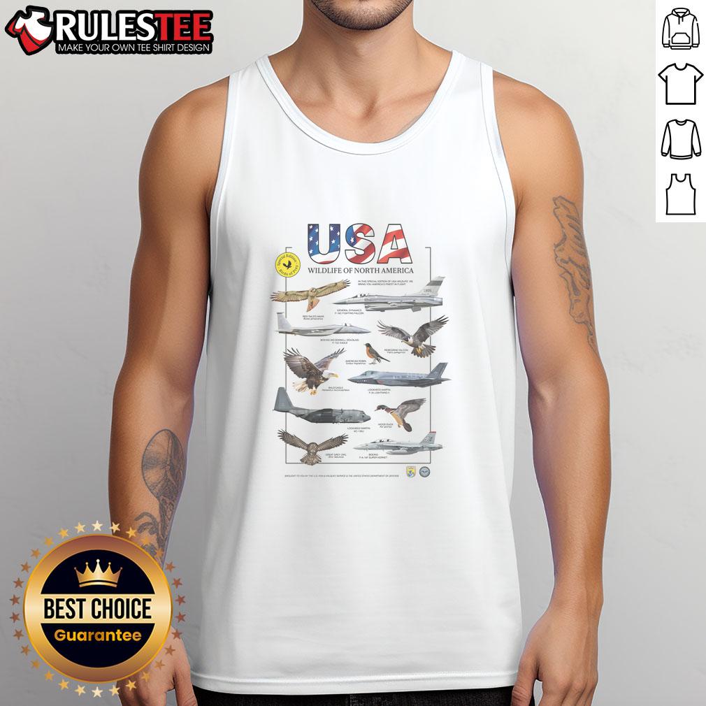 Nice Usa Planes Wildlife Of North America Birds Of Prey Tank Top Stylish tank top featuring wildlife of North America, showcasing birds of prey and USA planes design.