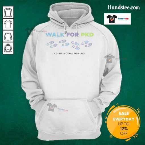 Person wearing a 'Nice Walk for PKD' hoodie, promoting awareness and support for polycystic kidney disease.