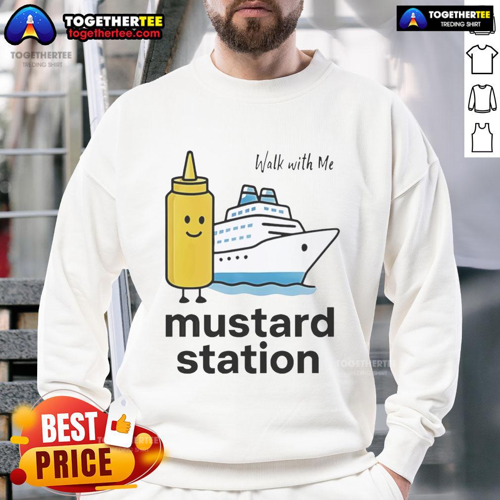 Nice Walk With Me Mustard Station Sweatshirt Casual mustard sweatshirt featuring 'Nice Walk With Me' phrase, perfect for stylish outings and cozy wear.