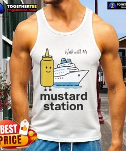 Model wearing a Nice Walk With Me Mustard Station Tank Top in a sunny outdoor setting, showcasing casual summer fashion.