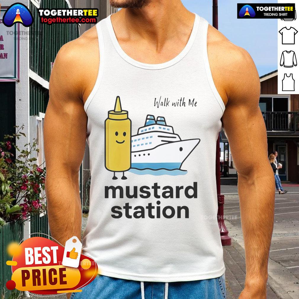 Nice Walk With Me Mustard Station Tank Top Model wearing a Nice Walk With Me Mustard Station Tank Top in a sunny outdoor setting, showcasing casual summer fashion.