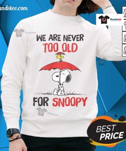 Cozy Snoopy sweatshirt for adults, showcasing a fun design that proves we are never too old for Snoopy.