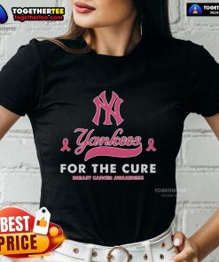 Nice Yankees For The Cure Breast Cancer Awareness Ladies Tee featuring a stylish design in pink and navy colors.