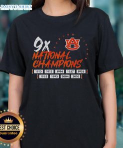 Auburn Tigers Football logo on a ladies tee celebrating the Top Nine Time National Champions in college football.