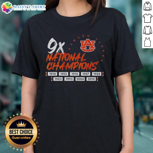 Auburn Tigers Football logo on a ladies tee celebrating the Top Nine Time National Champions in college football.
