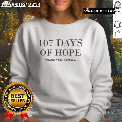 Alt Text: Kamala Harris sweatshirt from the Official 107 Days of Hope collection, featuring a bold design and vibrant colors.