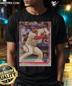 Official 2019 Topps Baseball Bryce Harper Phillies T-Shirt featuring vibrant team graphics and player name on a stylish design.