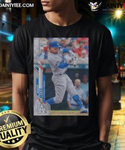 Alt Text: Official 2020 Topps Baseball Mookie Betts Dodgers T-Shirt featuring vibrant graphics and team colors for fans.