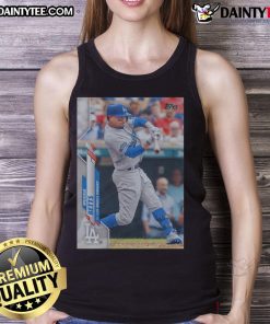 Alt Text: Mookie Betts wearing the Official 2020 Topps Baseball Dodgers tank top, showcasing vibrant team colors and logo.