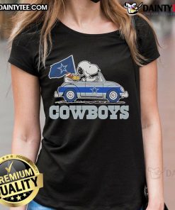 Alt Text: Official 2025 Snoopy and Woodstock car logo on a stylish Cowboys ladies tee, perfect for fans and collectors.