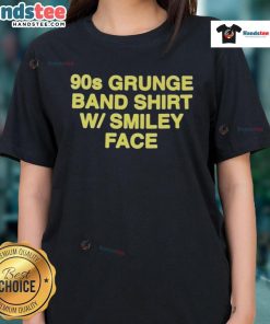 Official 90s Grunge Band Shirt with Smiley Face design for women, perfect for vintage style and music lovers.