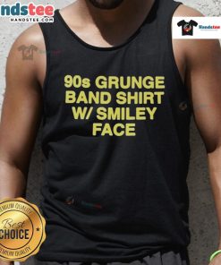 Alt Text: Official 90s grunge band shirt with smiley face design on a tank top, perfect for retro music fans.