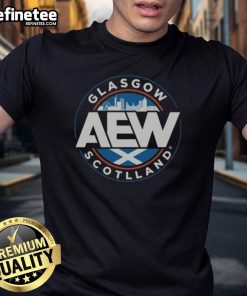 Official AEW Glasgow Scotland T-Shirt featuring bold graphics and vibrant colors, perfect for wrestling fans.