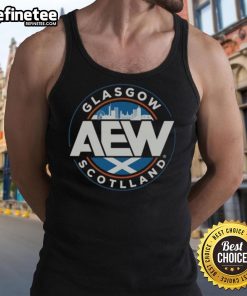 Official AEW Glasgow Scotland tank top featuring vibrant design and logo, perfect for wrestling fans and collectors.
