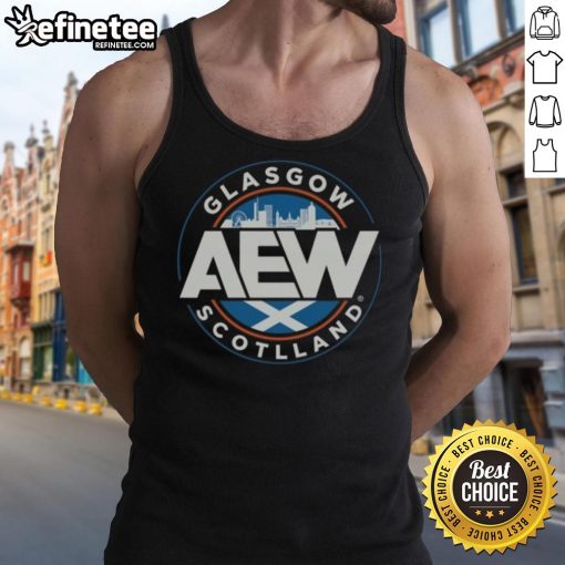 Official AEW Glasgow Scotland tank top featuring vibrant design and logo, perfect for wrestling fans and collectors.