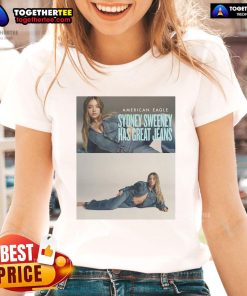 Alt Text: Sydney Sweeney in Official American Eagle ladies tee and stylish jeans, showcasing a trendy casual look.