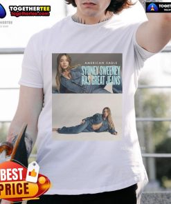 Official American Eagle Sydney Sweeney wearing great jeans t-shirt, showcasing stylish casual fashion for fans.
