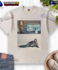 Sydney Sweeney in Official American Eagle jeans and a washed t-shirt, showcasing a trendy casual look.
