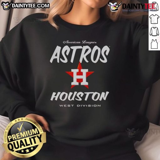 Alt Text: Official American League Houston Astros West Division sweatshirt featuring team logo and vibrant colors. Perfect for fans!