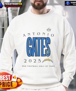 Official Antonio Gates Los Angeles Chargers Pro Football Hall of Fame 2025 signature sweatshirt displayed on a mannequin.