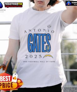Official Antonio Gates Los Angeles Chargers Pro Football Hall Of Fame 2025 Signature T-Shirt featuring Gates' autograph design.