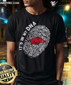 Official Arkansas Razorbacks In My DNA T-Shirt featuring bold team logo, perfect for fans and game day attire.