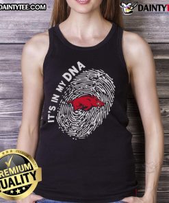 Official Arkansas Razorbacks In My DNA tank top featuring team colors and logo, perfect for fans and game day wear.