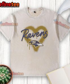 Alt Text: Official Baltimore Ravens Football Spray Heart Washed T-Shirt featuring vibrant team colors and a stylish design.