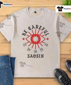 Official Be Careful Saosin washed t-shirt featuring a vintage design, perfect for fans of the band Saosin.