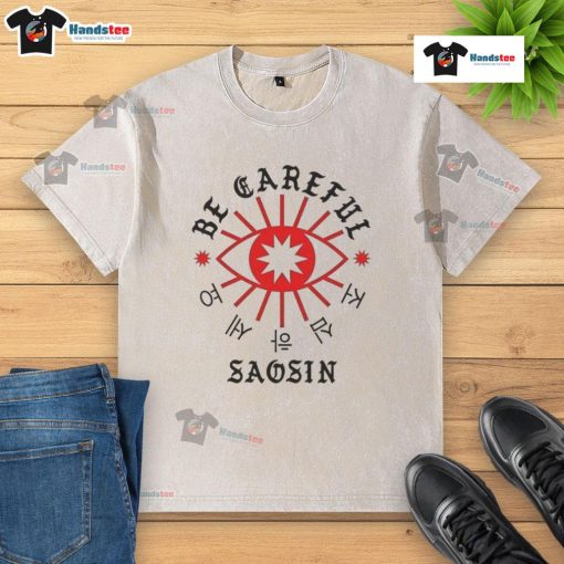Official Be Careful Saosin washed t-shirt featuring a vintage design, perfect for fans of the band Saosin.