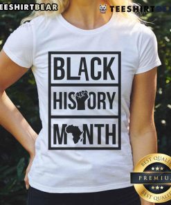 Official Black History Month Africa Fist Ladies Tee showcasing empowerment and cultural pride in vibrant design.